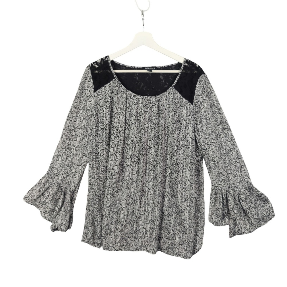 Roz Ali Women Cottage Romantic Ruffle Bell Sleeve Top XL Black White Floral Lace